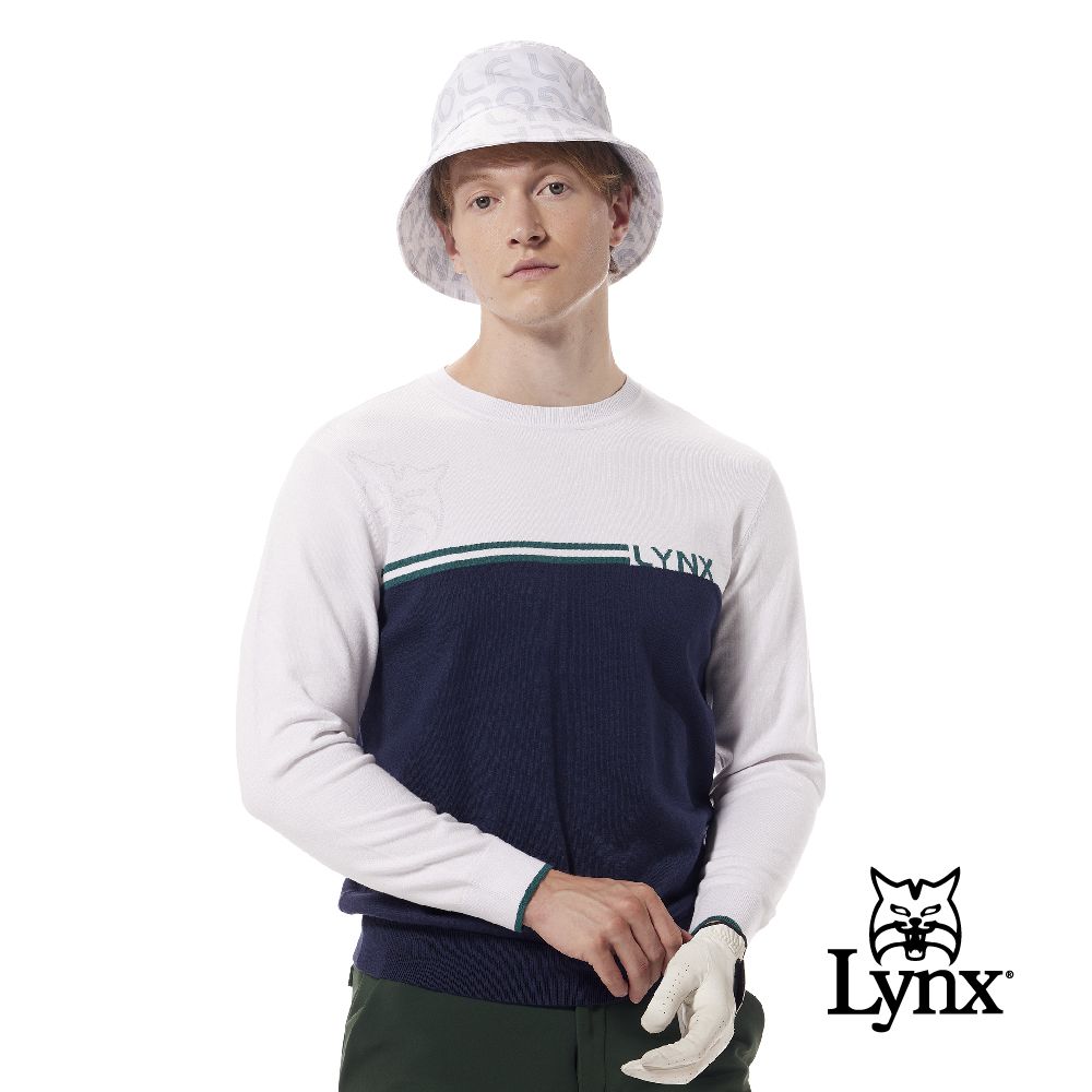 Lynx Golf 【首爾高桿風格】男款半身配色線衫款式大山貓緹花造型長袖POLO衫(三色)