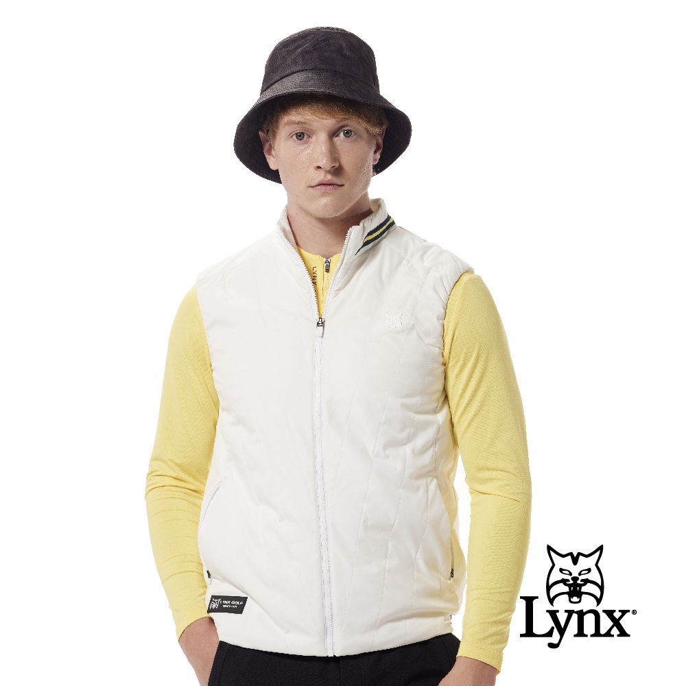 Lynx Golf 【首爾高桿風格】男款防風鋪棉刷毛保暖造型壓線配條羅紋設計拉鍊口袋無袖背心(二色)