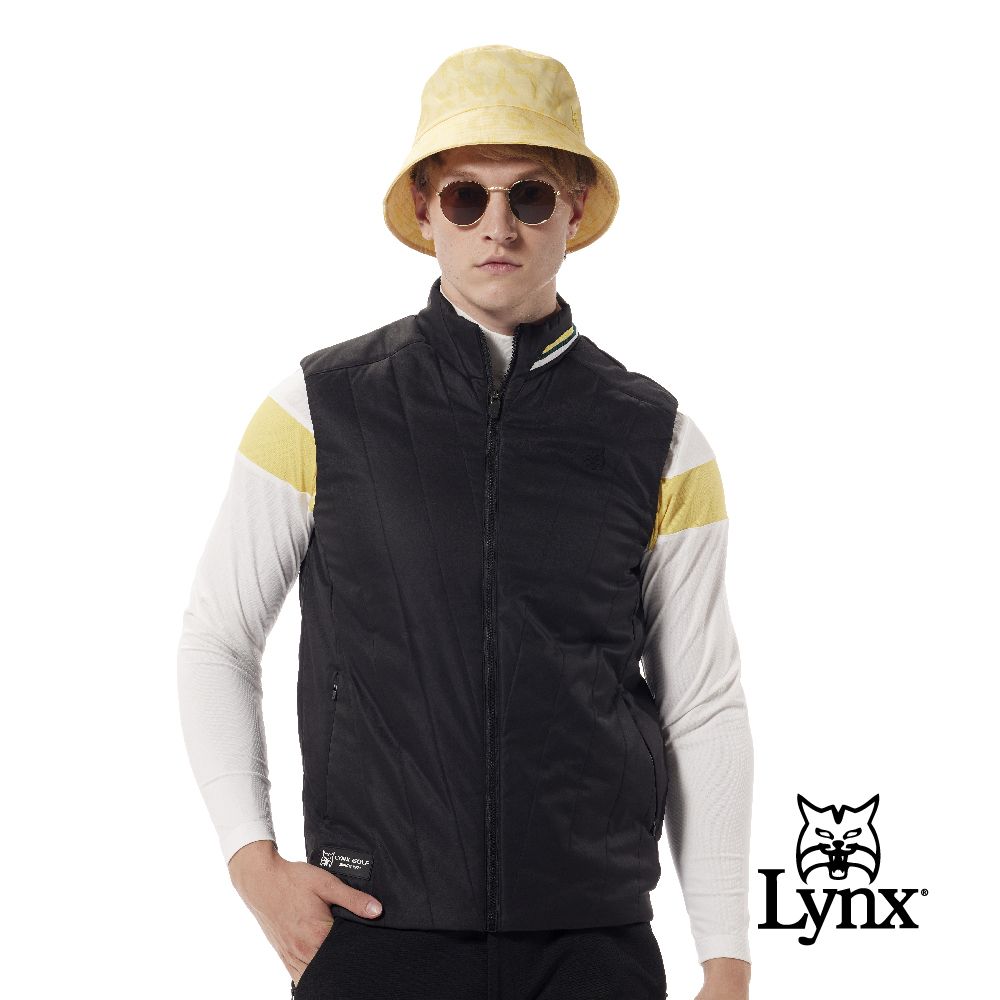 Lynx Golf 【首爾高桿風格】男款防風鋪棉刷毛保暖造型壓線配條羅紋設計拉鍊口袋無袖背心(二色)