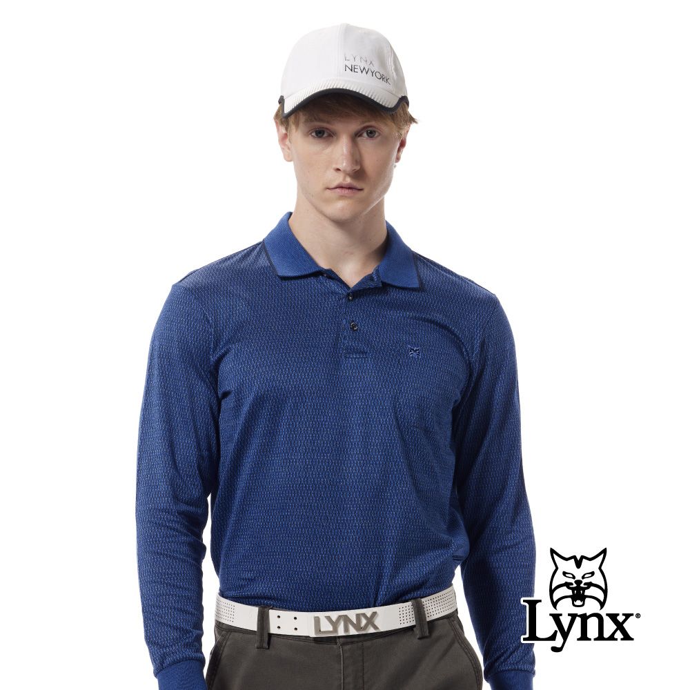 Lynx Golf 男款歐洲進口布料純棉絲光藍黑小菱格紋路胸袋款長袖POLO衫-深藍色