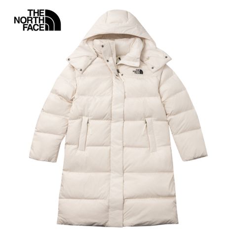 The North Face 北面 女款米白色DWR防潑水可拆卸連帽長版羽絨外套｜89YQQLI 700蓬鬆度