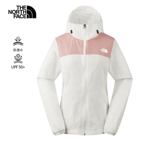 The North Face北面女款粉白拼接DWR防潑水連帽外套｜8EYJATW