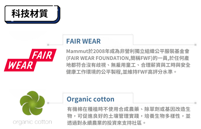 科技材質WEARFAIRFAIR WEARMammut於2008年成為非營利獨立組織公平服裝基金會(FAIR WEAR FOUNDATION,簡稱FWF)的一員,於任何產地都符合沒有歧視、無雇用童工、合理薪資與工時與安全健康工作環境的公平製程,並維持FWF高評分水準。organic cottonOrganic cotton有機棉在種植時不使用合成農藥、除草劑或基因改造生物,可促進良好的土壤管理實踐,培養生物多樣性,並透過對永續農業的投資支持社區。