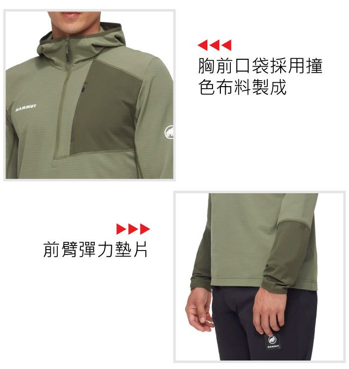 前臂彈力墊片胸前口袋採用撞色布料製成