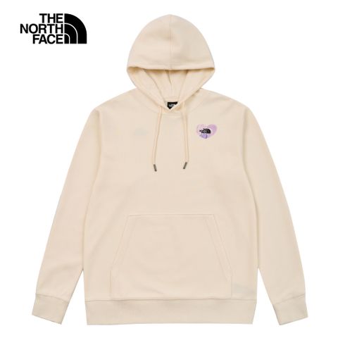 The North Face北面男女款米白色心型刺繡LOGO印花長袖帽T｜8D7SQLI