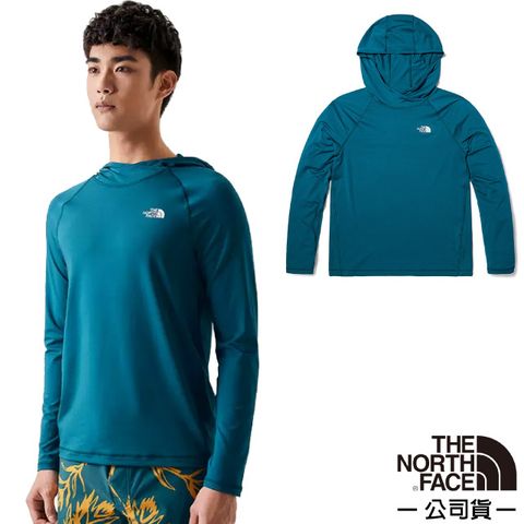 The North Face 北面 男款 經典長袖連帽T恤(亞洲版型).套頭休閒衫.運動排汗衣/FLASHDRY吸濕透氣.UPF40+/81PW-EFS 珊瑚藍
