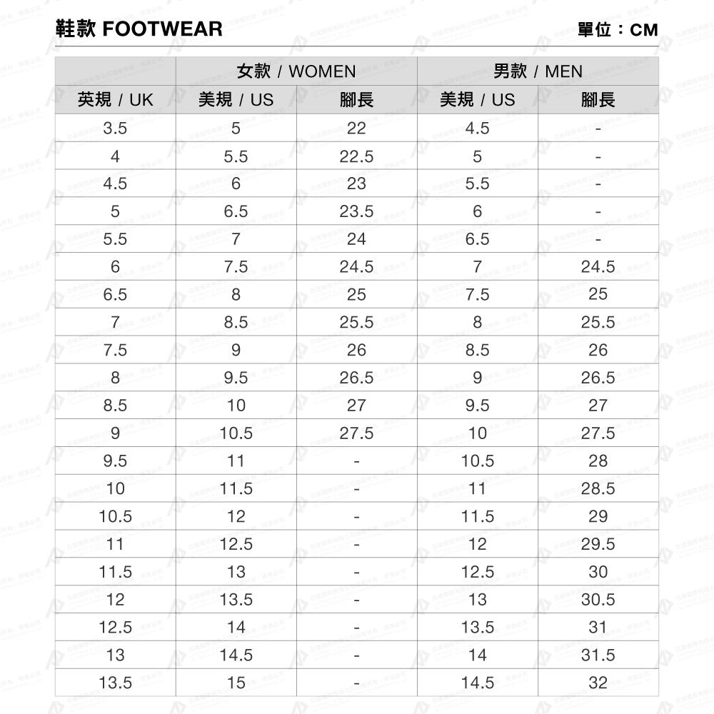 英規/ UK美規 / US鞋款 FOOTWEAR女款/WOMEN單位:CM男款/MEN腳長美規 / US腳長3.55224.545.522.554.56235.55.5556.523.567246.56.57.524.5724.58257.52578.525.5825.57.59268.52689.526.5926.58.510279.527910.527.51027.59.51110.5281011.51128.510.51211.5291112.51229.511.51312.530121330.512.51413.5311314.51431.513.51514.532