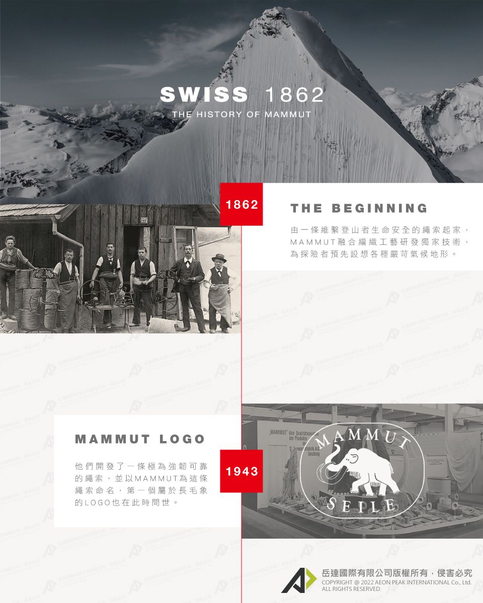 SWISS 1862THE HISTORY OF MAMMUTMAMMUT LOGO他們開發了一條極為強韌可靠的繩索,並以MAMMUT為這條繩索命名,第一個屬於長毛象的LOGO也在此時問世。1862THE BEGINNING由一條維繫登山者生命安全的繩索起家,MAMMUT融合編織工藝研發獨家技術,為探險者預先設想各種嚴苛氣候地形。1943MAMMUT  der ProdukteMAMMUT ^岳達國際有限公司版權所有,侵害必究COPYRIGHT @ 2022 AEON PEAK INTERNATIONAL Co, Ltd.ALL RIGHTS RESERVED.