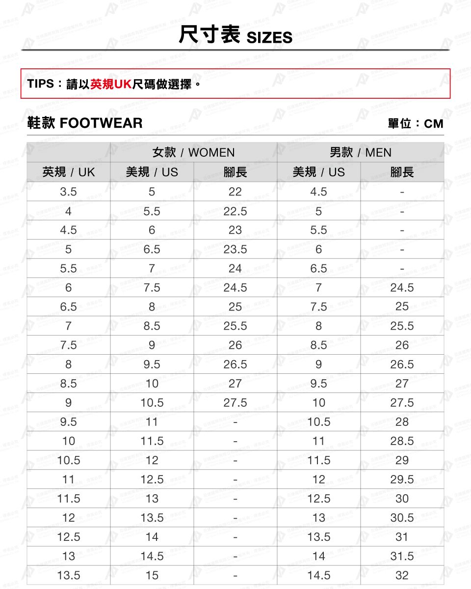 尺寸表 SIZESTIPS:請以英規UK尺碼做選擇。鞋款 FOOTWEAR單位:CM女款/WOMEN男款/MEN英規/ UK美規 / US腳長美規 / US腳長3.55224.545.522.554.56235.56.523.565.57246.567.524.5724.56.58257.52578.525.5825.57.56268.52689.526.5926.58.50279.527910.527.51027.59.51110.5281011.51128.510.51211.5291112.51229.511.51312.5301213.51330.512.51413.5311314.51431.513.515114.532