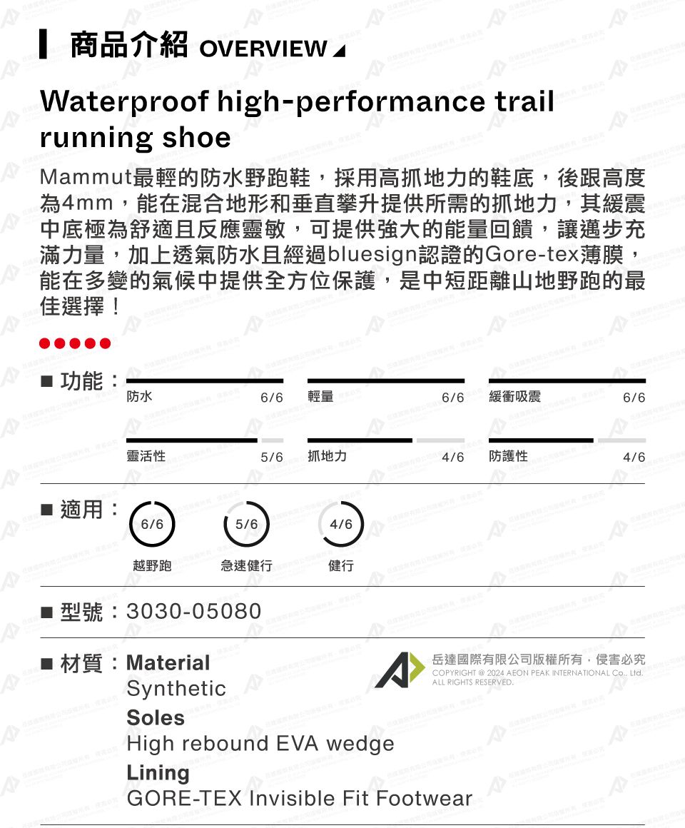 商品介紹 OVERVIEW Waterproof high-performance trailrunning shoeMammut最輕的防水野跑鞋採用高抓地力的鞋底,後跟高度為4mm,能在混合地形和垂直攀升提供所需的抓地力,其緩震中底極為舒適且反應靈敏,可提供強大的能量回饋,讓邁步充滿力量,加上透氣防水且經過bluesign認證的Gore-tex薄膜,能在多變的氣候中提供全方位保護,是中短距離山地野跑的最佳選擇! 功能:防水6/6 輕量6/6緩衝吸震靈活性5/6 抓地力4/6防護性適用6/65/64/6越野跑急速健行健行型號:3030-05080p■材質:Material6/64/6SyntheticSolesHigh rebound EVA wedgeLining岳達國際有限公司版權所有,侵害必究COPYRIGHT  2024 AEON PEAK INTERNATIONAL , LtdALL RIGHTS RESERVED.GORE-TEX Invisible Fit Footwear