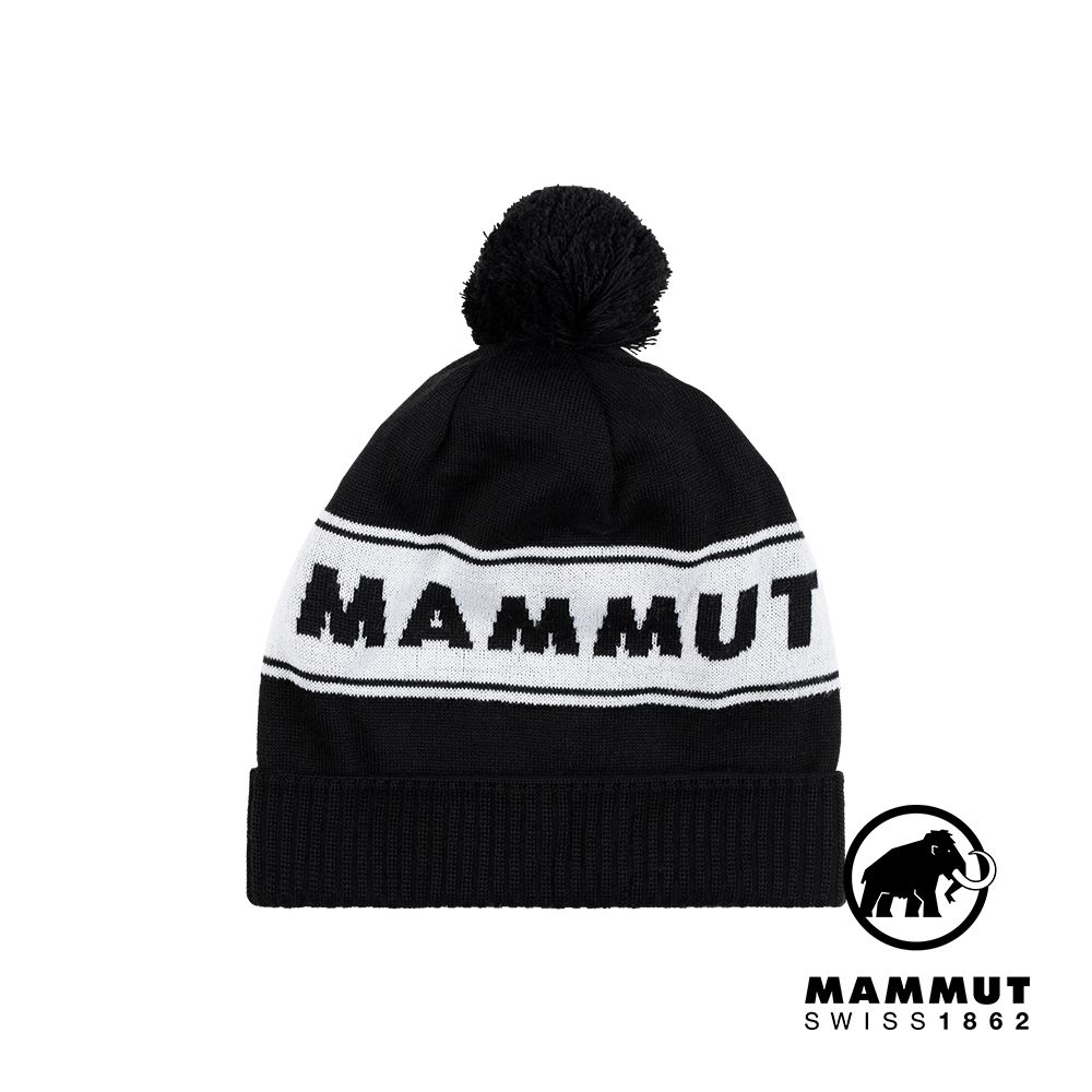 MAMMUT 長毛象 Peaks Beanie 保暖針織LOGO毛球羊毛帽 黑/白 #1191-01100