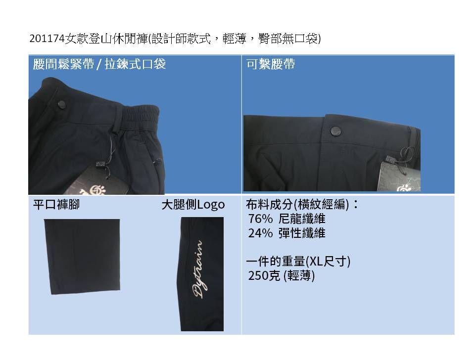 201174女款登山休閒褲(設計師款式,輕薄,臀部無口袋)腰間鬆緊帶拉鍊式口袋平口褲腳大腿側LogoDytrain可繫腰帶布料成分(橫紋經編)76% 尼龍纖維24% 彈性纖維一件的重量(XL尺寸)250克(輕薄)