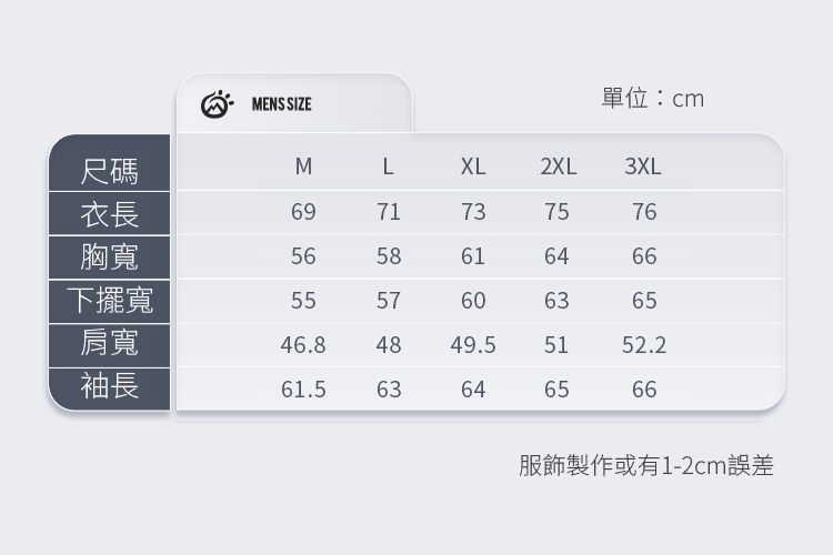 MENS SIZE單位:cm尺碼MLXL2XL3XL衣長6971737576胸寬5658616466下擺寬5557606365肩寬46.84849.55152.2袖長61.563646566服飾製作或有1-2cm誤差