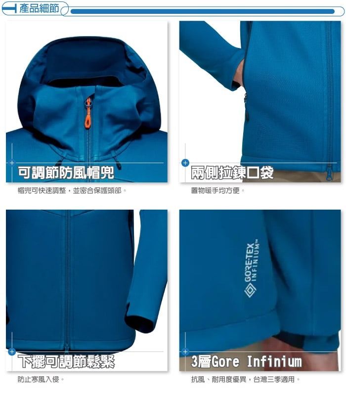 產品細節(調節防風帽帽兜可快速調整,並密合保護頭部。下擺可調節防止寒風入侵。兩側拉鍊口袋置物暖手均方便。GORETEXINFINIUM3層Gore Infinium抗風、耐用度優異,台灣三季適用。