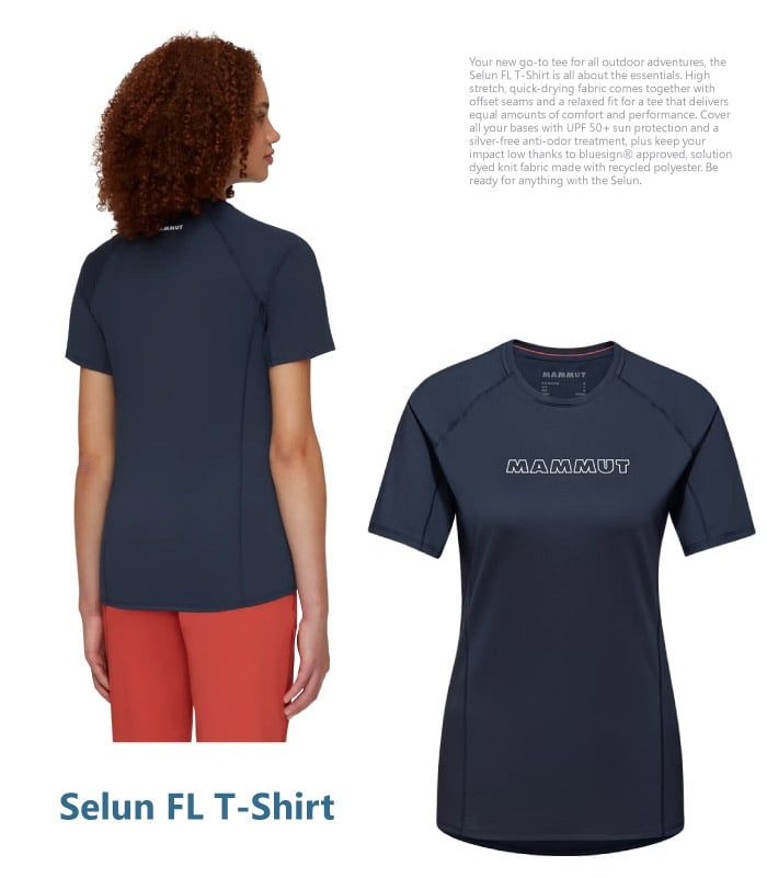 Selun FL T-ShirtYour new go-to tee for all outdoor adventures theSelun FL T-Shirt is all about the essentials Highstretch quick-drying fabric comes together withoffset seams and a relaxed fit for a tee that deliversequal amounts of comfort and performance Coverall your bases with UPF 50+ sun protection and asilver-free anti-odor treatment plus keep yourimpact low thanks to bluesignⓇ approved solutiondyed knit fabric made with recycled polyester Beready for anything with the SelunMAMMUTMAMMUT