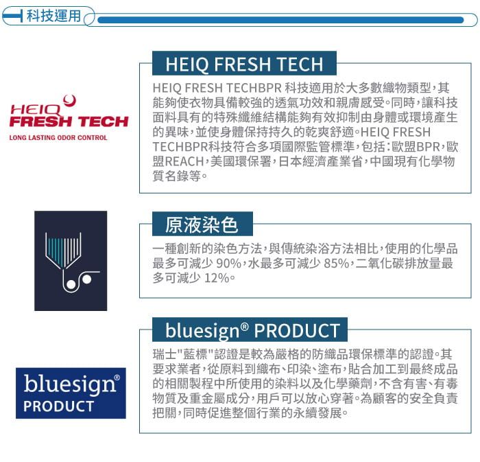 科技運用(HEIQFRESH TECHLONG LASTING ODOR CONTROL bluesign®PRODUCTHEIQ FRESH TECHHEIQ FRESH TECHBPR 科技適用於大多數織物類型其能夠使衣物具備較強的透氣功效和親膚感受。同時,讓科技面料具有的特殊纖維結構能夠有效抑制由身體或環境產生的異味,並使身體保持持久的乾爽舒適。HEIQ FRESHTECHBPR科技符合多項國際監管標準,包括:歐盟BPR,歐盟REACH,美國環保署,日本經濟產業省,中國現有化學物質名錄等。原液染色一種創新的染色方法,與傳統染浴方法相比,使用的化學品最多可減少9,水最多可減少85%,二氧化碳排放量最多可減少12%0bluesign® PRODUCT瑞士藍標認證是較為嚴格的防織品環保標準的認證。其要求業者,從原料到織布、印染、塗布,貼合加工到最終成品的相關製程中所使用的染料以及化學藥劑,不含有害、有毒物質及重金屬成分,用戶可以放心穿著。為顧客的安全負責把關,同時促進整個行業的永續發展。