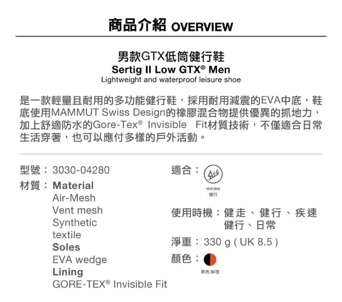 商品介紹 OVERVIEW男款GTX低筒鞋Sertig  Low GTX® MenLightweight and waterproof leisure shoe是一款輕量且耐用的多功能健行鞋,採用耐用減震的EVA中底,鞋底使用MAMMUT Swiss Design的橡膠混合物提供優異的抓地力,加上舒適防水的Gore-Tex® Invisible Fit材質技術,不僅適合日常生活穿著,也可以應付多樣的戶外活動。型號:3030-04280材質: MaterialAir-MeshVent meshSynthetictextileSolesEVA wedgeLining適合:HIKING健行使用時機:健走、健行、疾速健行、日常淨重:330g(UK8.5)顏色:黑色/GORE-TEX® Invisible Fit