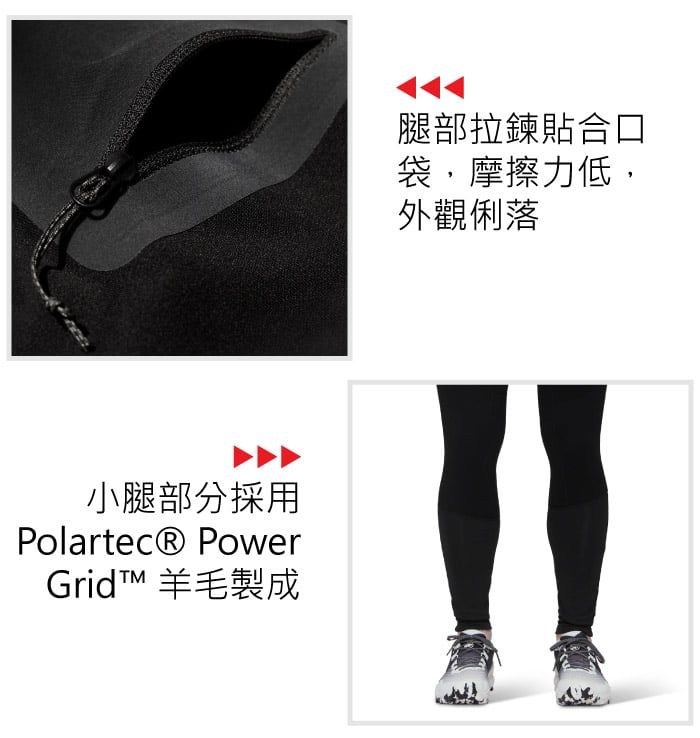 小腿部分採用Polartec® PowerGrid 羊毛製成腿部拉鍊貼合口袋,摩擦力低,外觀俐落