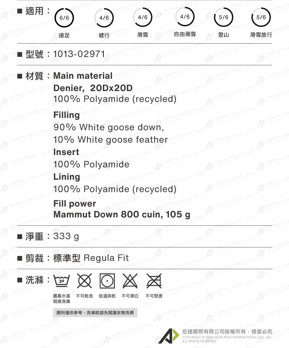適用6/64/64/64/65/65/61013-02971滑雪自由滑雪登山滑雪旅行Main materialDenier 20DX20D100% Polyamide (recycled)Filling90% White gooe down10% White goose featherInsert100% PolyamideLining100% Polyamide (recycled)Fill powerMammut Down 800 cuin, 105 g淨重:333g剪裁:標準型 Regula Fit洗滌:: 30最高水溫 不可乾洗 低溫烘乾 不可漂白 不可熨燙s列僅供參考,洗滌前請先閱讀衣物洗標岳達國際有限公司版權所有,侵害必究COPYRIGHT  2024 AEON PEAK INTERNATIONAL , ALL RIGHTS RESERVED