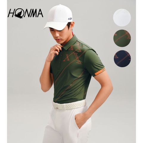 HONMA 本間高爾夫 男款防曬印條短袖POLO衫 日本高爾夫專業品牌(M~XXL 藏青 軍綠 白色任選HMKX707R813)