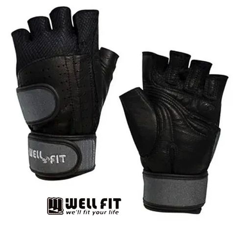 WELL FIT 威飛客 [ ] 山羊皮+NEOPRENE潛水材 雙腕帶 透氣 健身手套 - 碳灰色