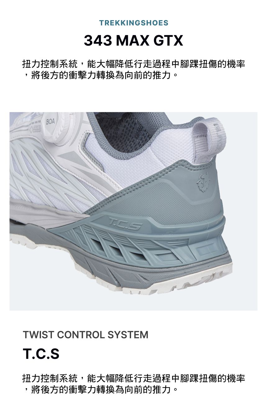 TREKKINGSHOES343 MAX GTX扭力控制系統,能大幅降低行走過程中腳踝扭傷的機率將後方的衝擊力轉換為向前的推力。TWIST CONTROL SYSTEMT.C.S扭力控制系統,能大幅降低行走過程中腳踝扭傷的機率將後方的衝擊力轉換為向前的推力。