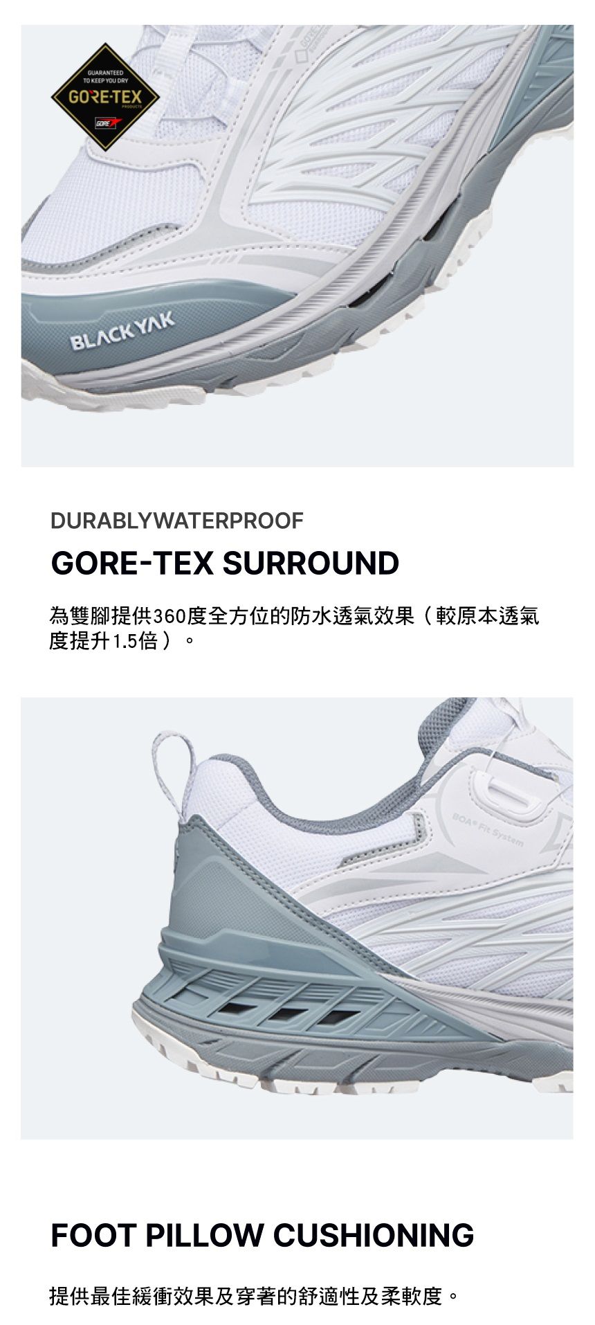 GUARANTEEDTO KEEP YOU DRYGORE-TEXBLACK YAKDURABLYWATERPROOFGORE-TEX SURROUND為雙腳提供360度全方位的防水透氣效果(較原本透氣度提升1.5倍)。  SystemFOOT PILLOW CUSHIONING提供最佳緩衝效果及穿著的舒適性及柔軟度。