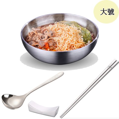 PUSH!餐具304不銹鋼碗加厚雙層隔熱湯碗沙拉碗泡麵碗筷勺筷托組合大號E166- 1