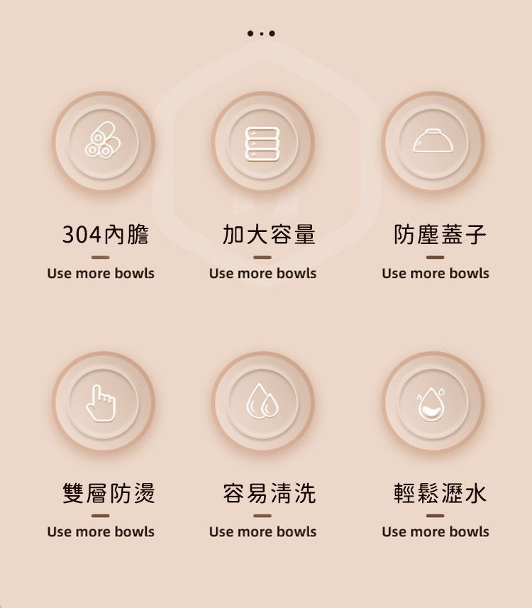 304內膽加大容量防塵蓋子Use more bowlsUse more bowlsUse more bowls雙層防燙容易清洗輕鬆瀝水Use more bowlsUse more bowlsUse more bowls