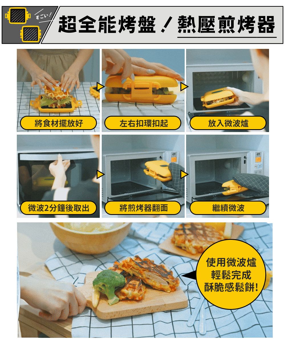 超全能烤盤熱壓煎烤器將食材擺放好左右扣環扣起放入微波爐微波2分鐘後取出將煎烤器翻面繼續微波使用微波爐輕鬆完成酥脆感鬆餅!