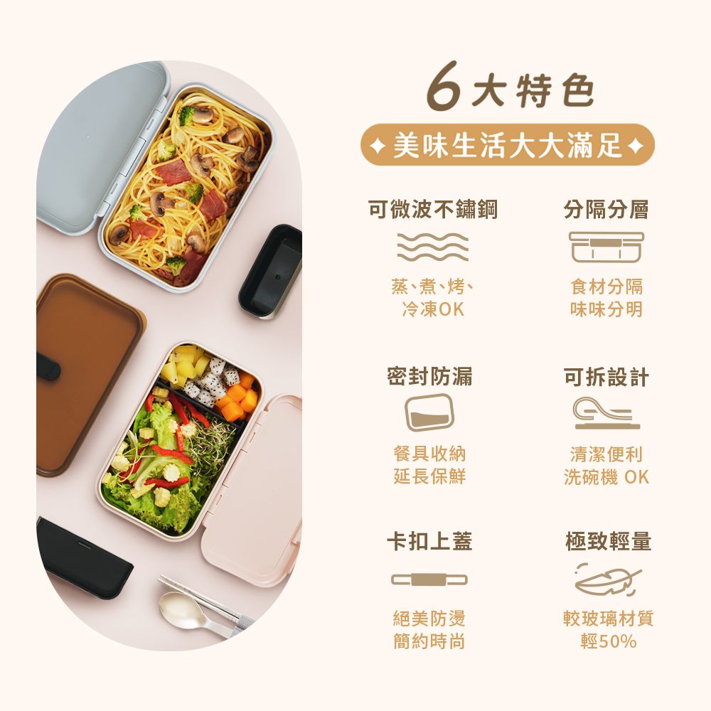6大特色美味生活大大滿足可微波不鏽鋼分隔分層蒸、煮、烤、冷凍OK食材分隔味味分明密封防漏可拆設計餐具收納延長保鮮清潔便利洗碗機 OK卡扣上蓋極致輕量絕美防燙較玻璃材質簡約時尚輕50%