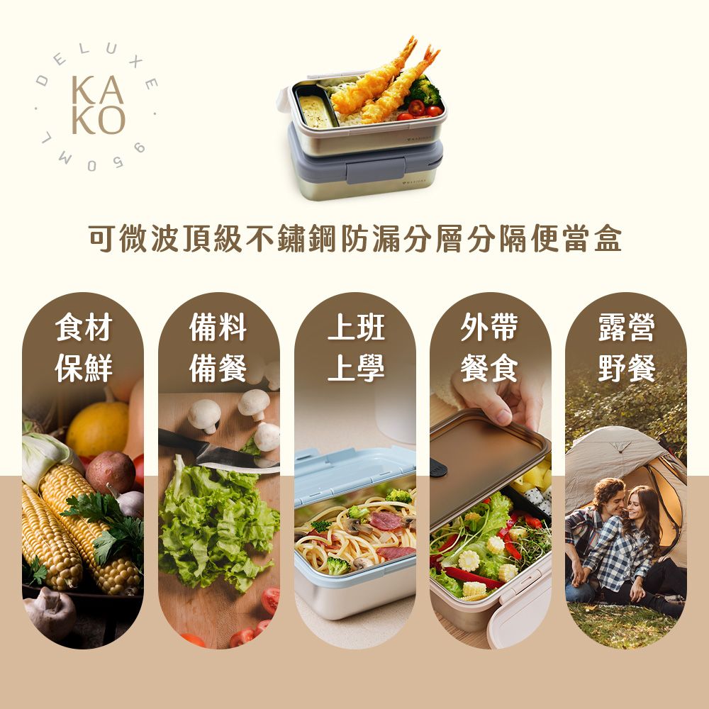 LUKAKO可微波頂級不鏽鋼防漏分層分隔便當盒食材備料 上班外帶露營保鮮備餐上學餐食野餐