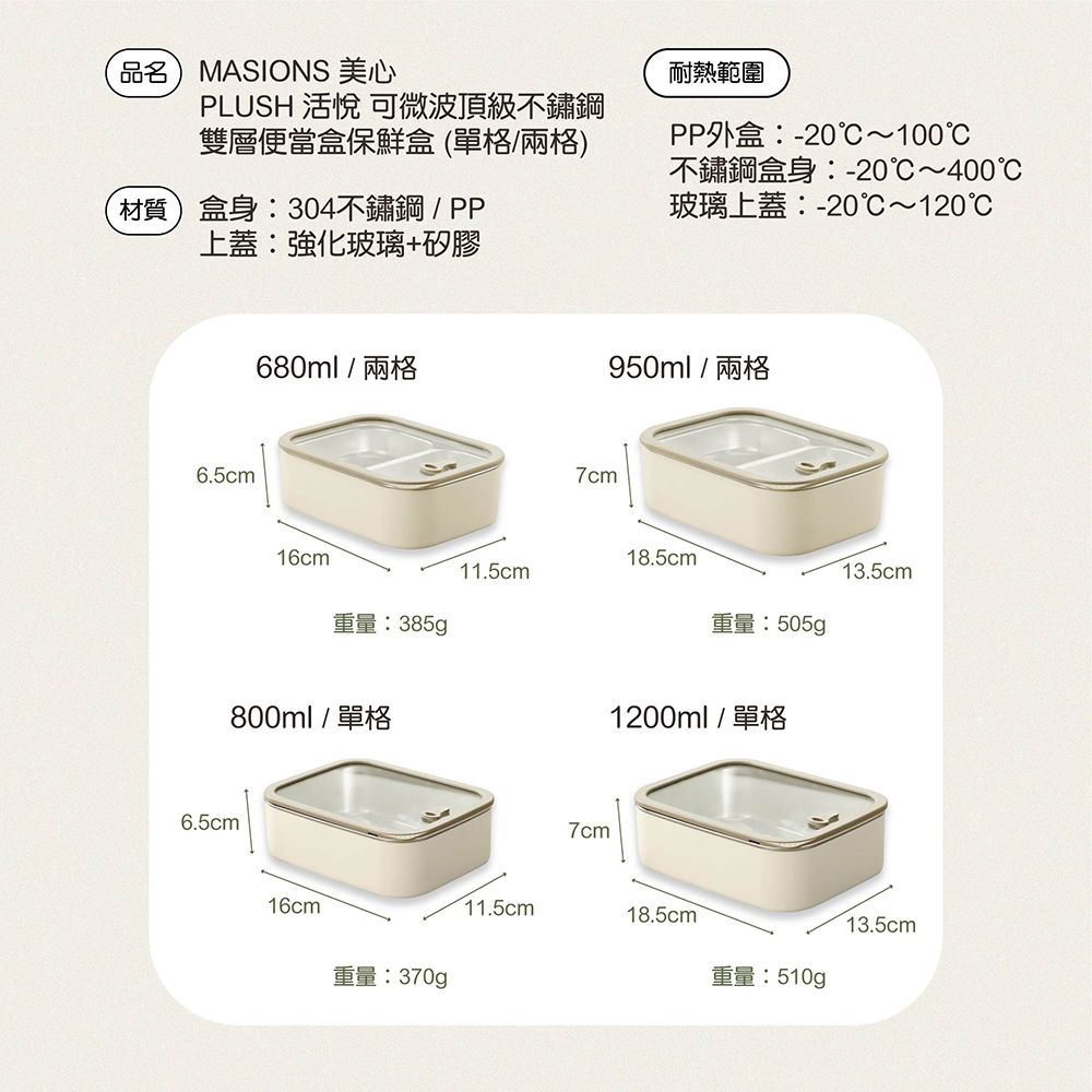 品名)MASIONS 美心PLUSH 悅 可微波頂級不鏽鋼雙層便當盒保鮮盒 (單格格)材質盒身:304不鏽鋼/PP上蓋:強化玻璃+矽膠耐熱範圍PP外盒:-20~100不鏽鋼盒身:-20℃~400℃玻璃上蓋:-20℃~120℃6.5cm6.5cm680ml / 格950ml / 兩格16cm7cm18.5cm11.5cm13.5cm重量:505gp重量:385gp800ml / 單格1200ml/單格16cm重量:370g11.5cm7cm18.5cm13.5cm重量:510g