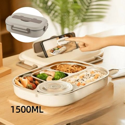 A&R 日式304不鏽鋼五格微波便當盒附贈湯碗+餐具 1500ML 拿鐵咖(保溫 大容量 餐盒 環保便當盒)
