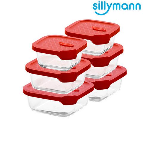 【韓國sillymann】正方型家庭六件組-100%鉑金矽膠微波烤箱輕量玻璃保鮮盒組-紅