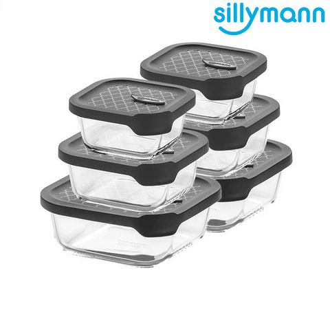 【韓國sillymann】正方型家庭六件組-100%鉑金矽膠微波烤箱輕量玻璃保鮮盒組-灰
