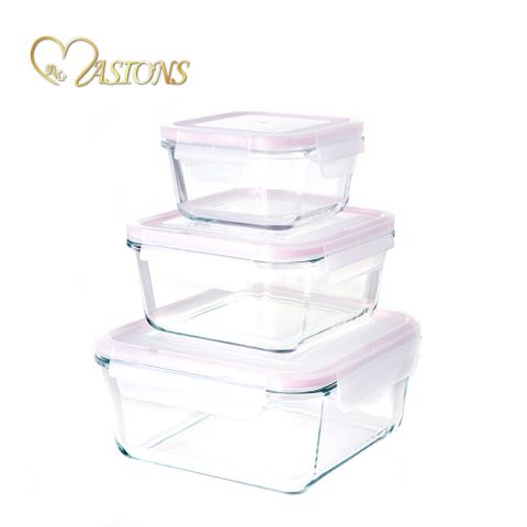 【MASIONS 美心】耐熱玻璃密封收納保鮮盒-(3件組 正方形)