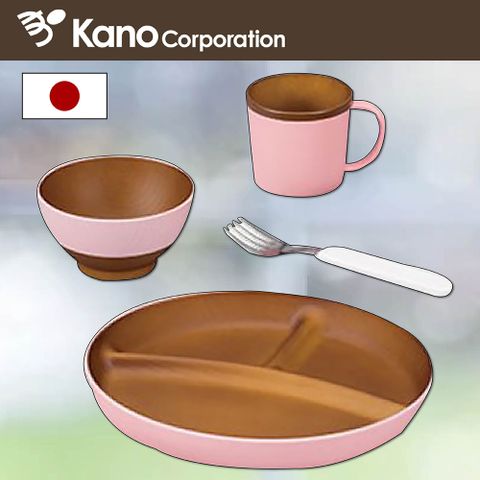 【日本KANO】日本製WOODY兒童餐具4件組 粉紅色 可微波 可洗碗機 托盤/飯碗/馬克杯/餐叉