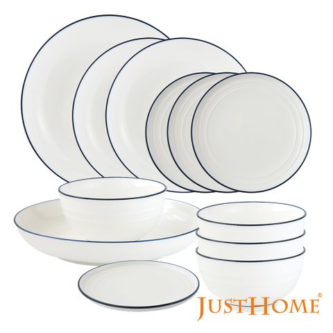 Just Home簡約純白藍邊陶瓷碗盤餐具12件組-可微波(飯碗+湯盤+點心盤)