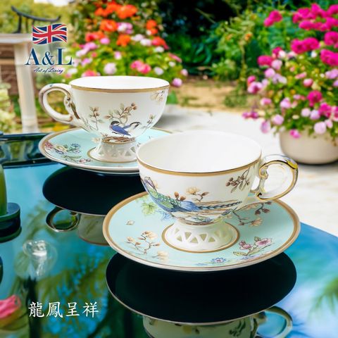 【A&L】五福報喜(藍)-骨瓷咖啡杯對杯組（骨粉含量40%以上 含金成分8-12%）