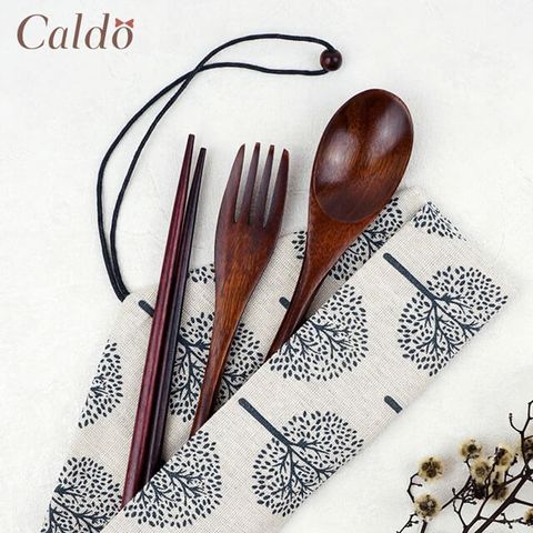 Caldo 卡朵生活 山谷回響附袋木質餐具4件組