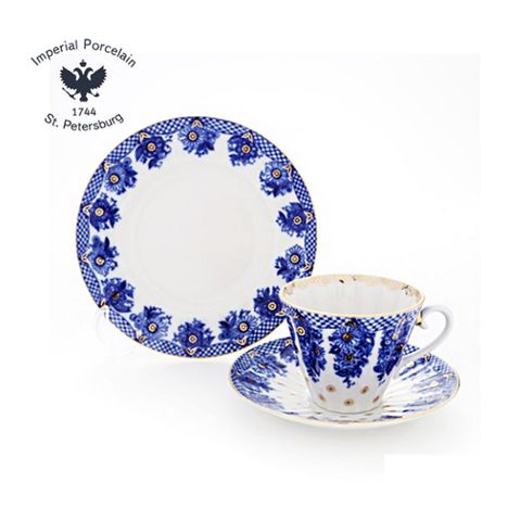 俄羅斯Imperial Porcelain-午茶系列-花籃盛景22K金手工-3件式杯盤禮組