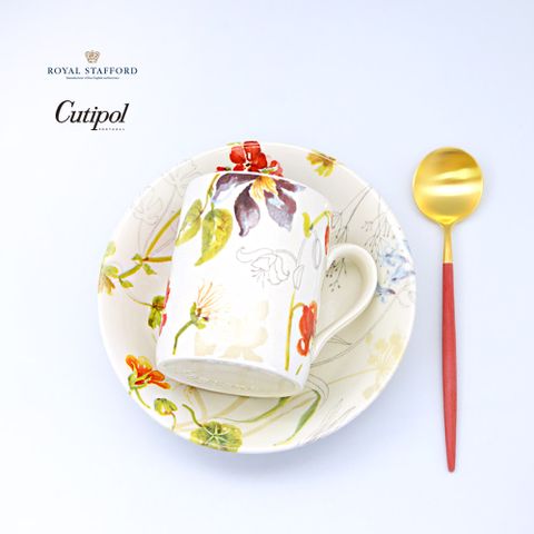 Cutipol 【禮品組】葡萄牙紅金點心匙+英國RS花草系列麥片碗+馬克杯-3件組禮盒