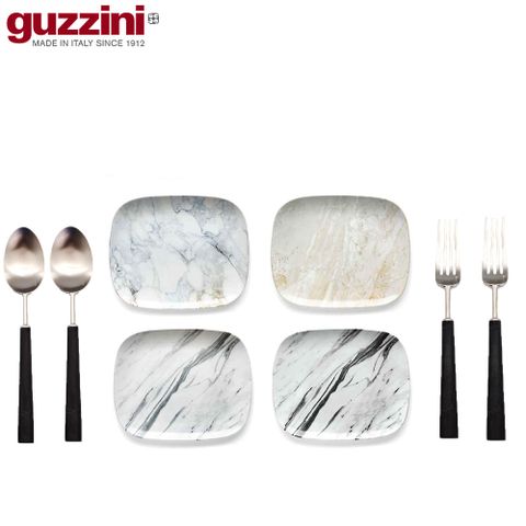 {2人的餐桌}GUZZINI-MyFusion系列-29cm大理石紋長方瓷盤+Cutipol Ebony 餐具 (主餐叉, 匙 x 2入）