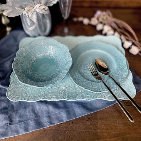 義大利VBC casa-手工浮雕蕾絲系列-碗盤3件組(蒂芬妮綠)