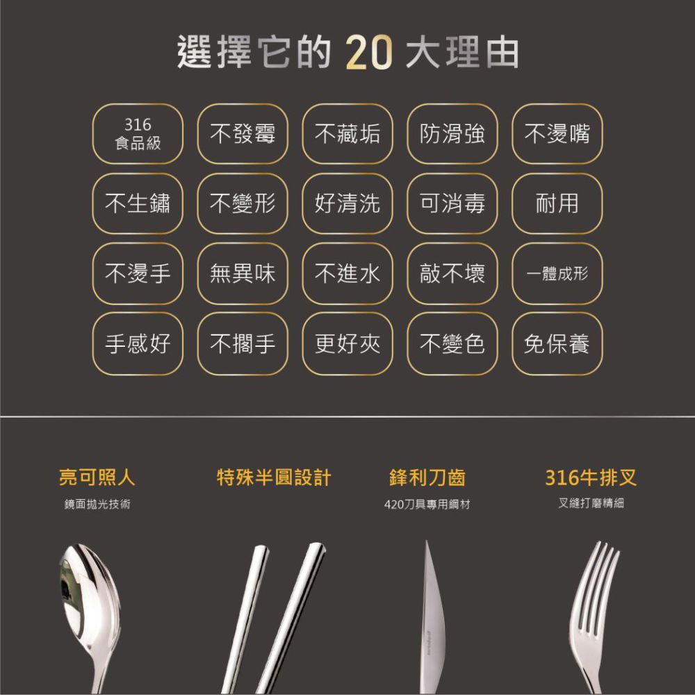 選擇它的 20 大理由316不發霉不藏垢防滑強不燙嘴食品級不生鏽不變形好清洗可消毒耐用不燙手無異味不進水敲不壞體成形手感好不擱手更好夾不變色免保養亮可照人特殊半圓設計鋒利刀齒316牛排叉鏡面拋光技術420刀具專用鋼材叉縫打磨精細