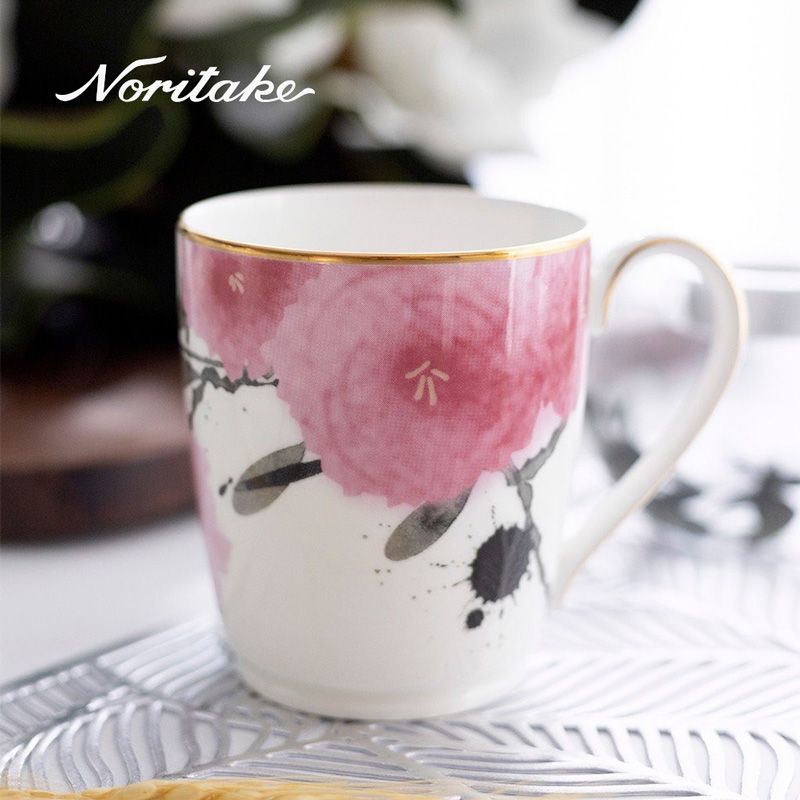 Noritake 紅纓花瓣-金邊馬克對杯(骨瓷)-禮盒組