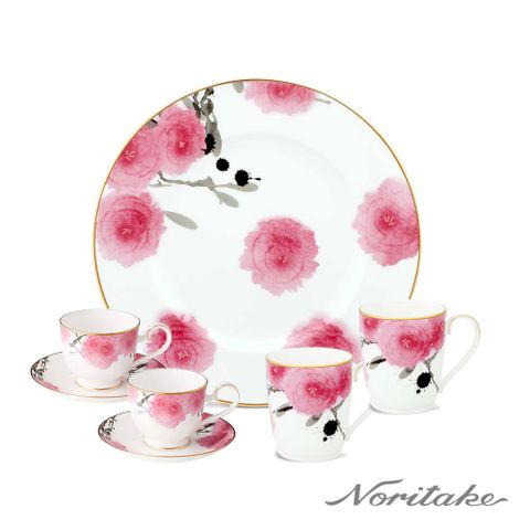 【Noritake】紅纓花瓣-金邊下午茶組(咖啡對杯+馬克杯+圓盤)
