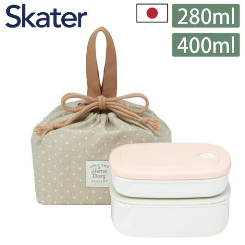 【Skater】日本製便當盒粉紅色280ml+灰色400ml+束口便當提袋3件組 (午餐盒/野餐袋)
