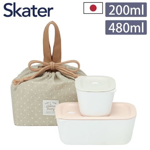 【Skater】日本製便當盒灰色200ml+粉紅色480ml+束口便當提袋3件組 (午餐盒/野餐袋)